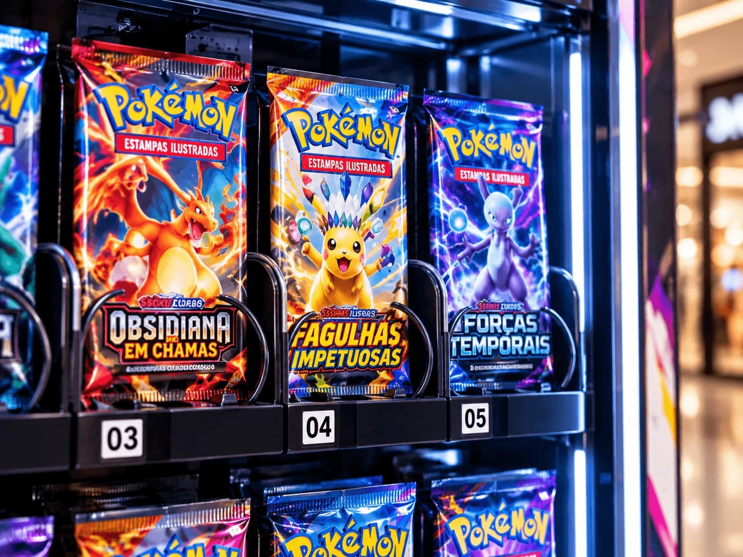 Boosters de Pokémon expostos nas espirais numeradas da máquina Rastro Collect
