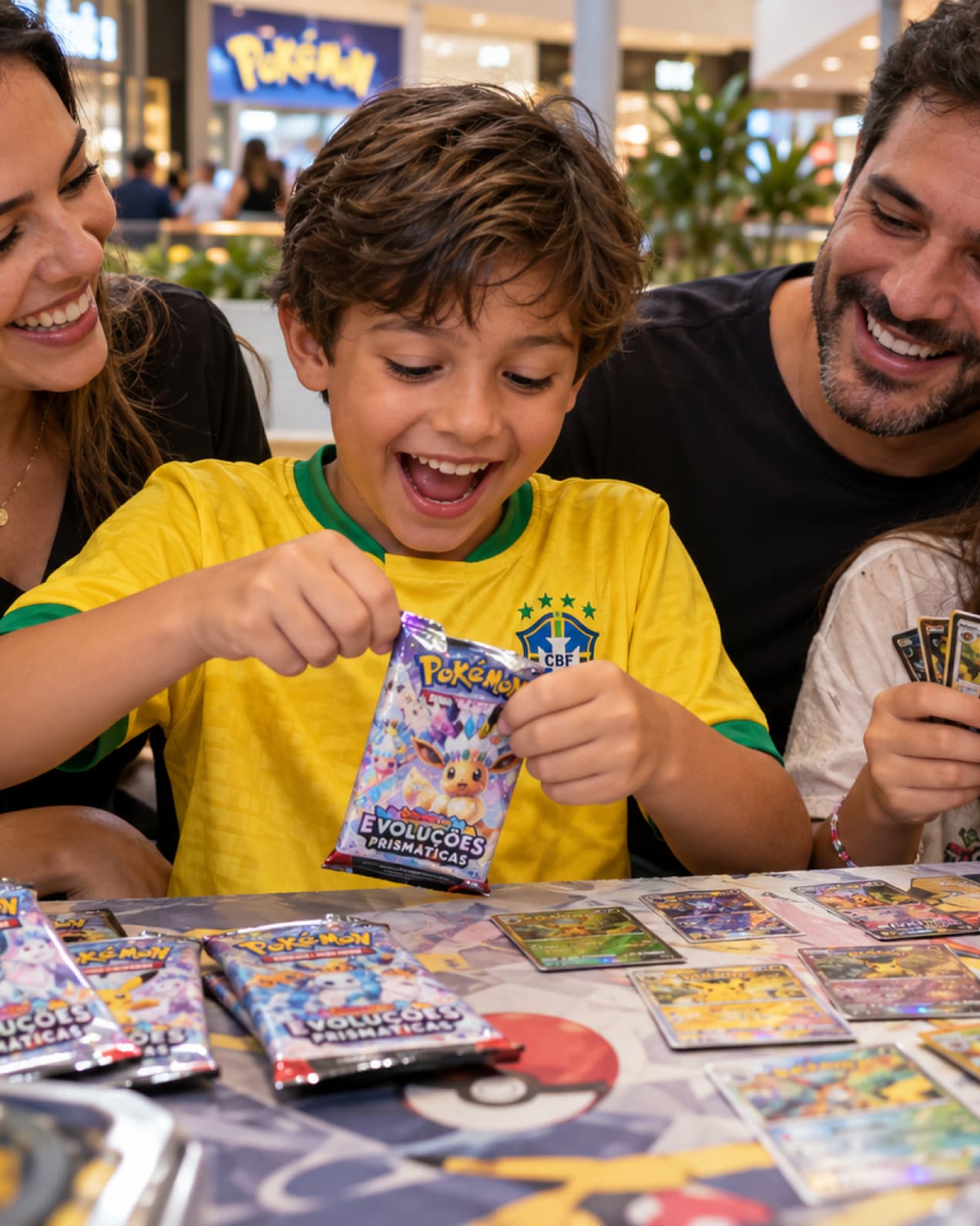 Menino abrindo um booster de Pokémon com os pais, sorrindo, em uma mesa no shopping
